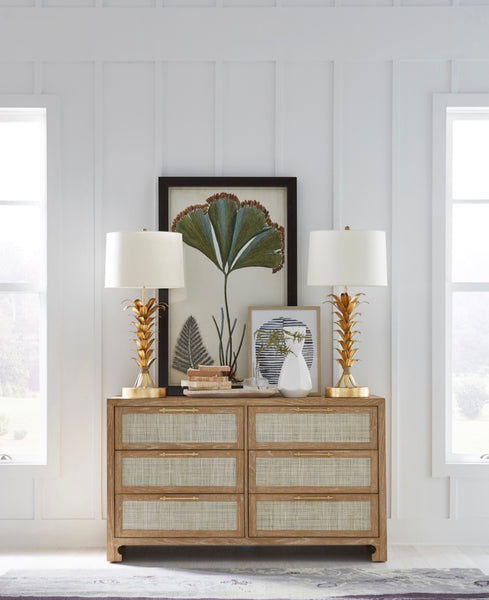 Carla Six Drawer Chest - Cerused Oak, Brass & Cane
