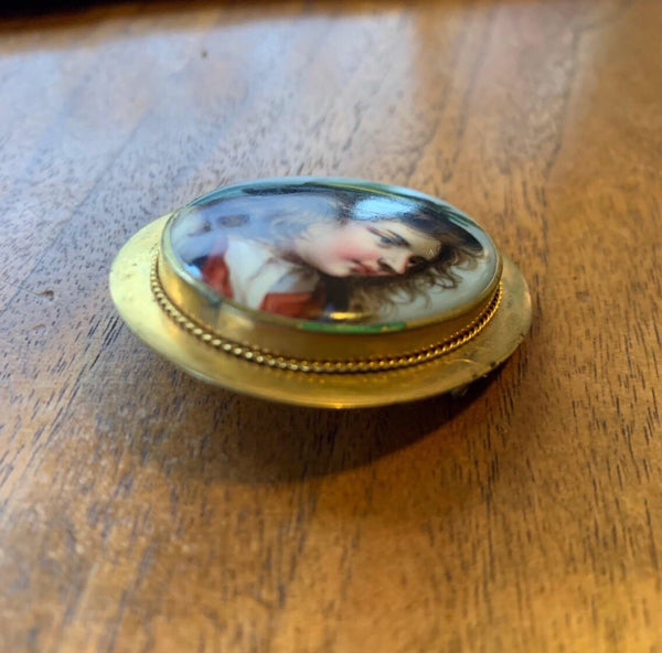 Victorian Hand-Painted Porcelain Gold-Plated Brooch