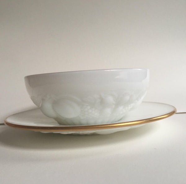 Antique Milk Glass Soup Bowl & Saucer - Pair