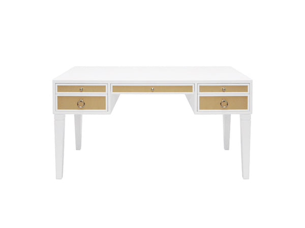 Heidi White Lacquer Desk w/Natural Grasscloth & Nickel Pulls