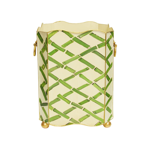 Bamboo Handpainted Scalloped Edge Square Metal Wastebasket with Brass Lion Handles - 2 Color Options