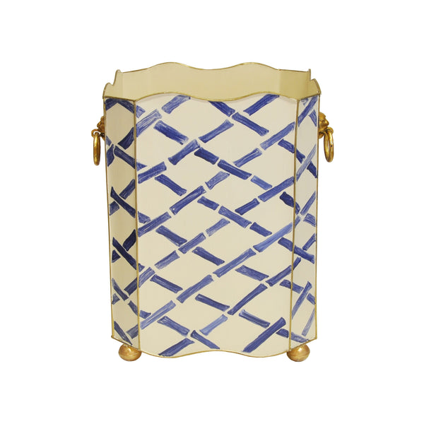 Bamboo Handpainted Scalloped Edge Square Metal Wastebasket with Brass Lion Handles - 2 Color Options