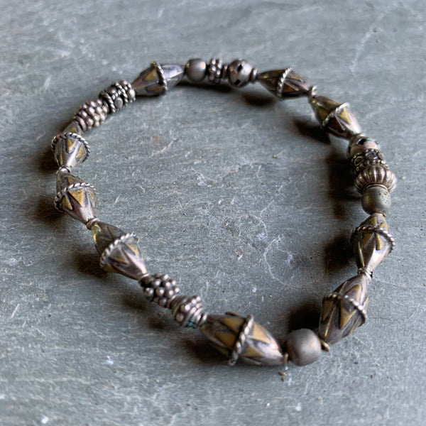 Vintage Diamond Shaped Silver Tone Beaded Bracelet - Made in India