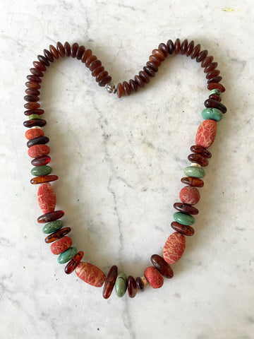 Amber Turquoise and coral beaded necklace by Matthew Izzo Jewelry