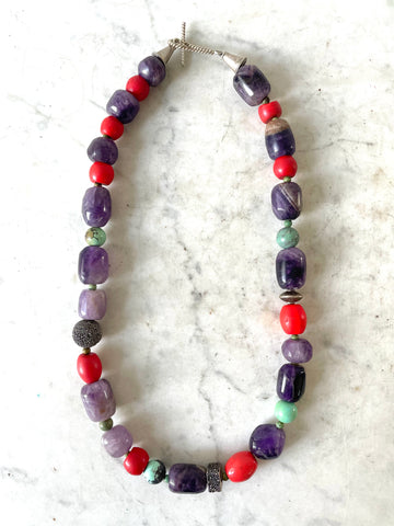 Amethyst, turquoise, silver, and coral beaded necklace
