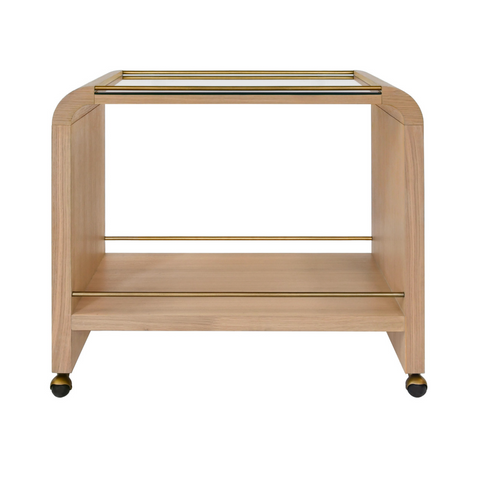 Myer Waterfall Edge Bar Cart with Antique Brass Rails - Natural or Espresso Oak