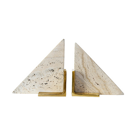Trio Travertine Marble and Brass Bookends