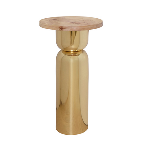 Alina Polished Brass Side Table with Round Burlwood Top