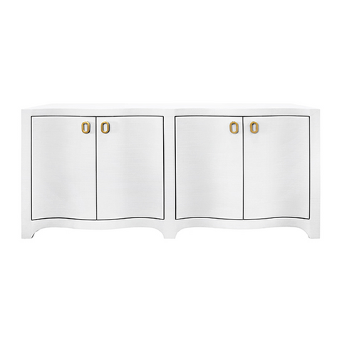Miffy Textured White Linen Curved Front Four Door Buffet with Satin Brass Hardware