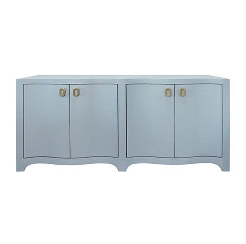 Miffy Light Blue Linen Curved Front Four Door Buffet with Satin Brass Hardware