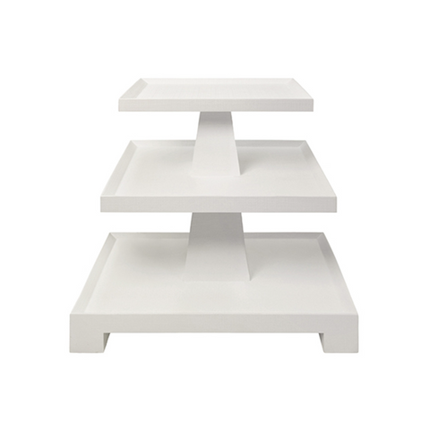 Tatiana Textured White Linen Tapered Three Tier Side Table with Center Column