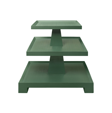 Tatiana Textured Green Linen Tapered Three Tier Side Table with Center Column