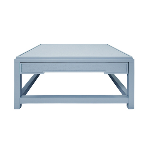 Locklin Matte Light Blue Lacquer and Light Blue Grasscloth Coffee Table with Two Hidden Drawers
