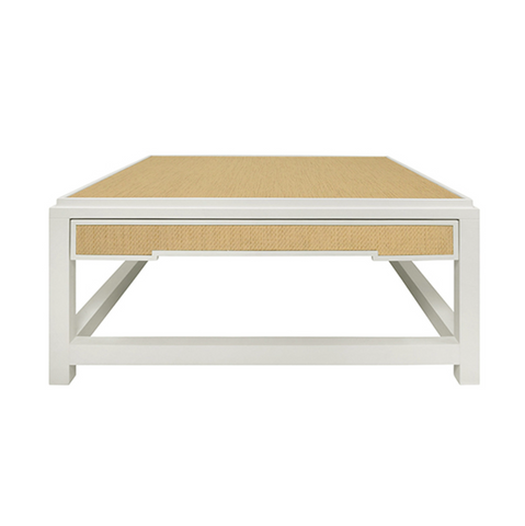 Locklin Matte White Lacquer and Natural Grasscloth Coffee Table with Two Hidden Drawers