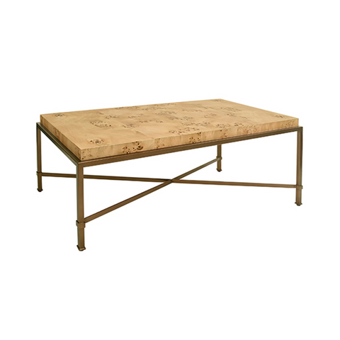 Hardwick Light Burl Wood and Antique Brass Frame Coffee Table