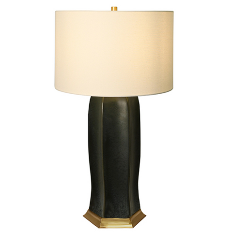 Barron Black Oxidized Glaze Ceramic Table Lamp with Satin Brass Accents and White Linen Shade