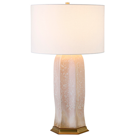 Barron Blush Reactive Glaze Ceramic Table Lamp with Brass Accents and White Linen Shade