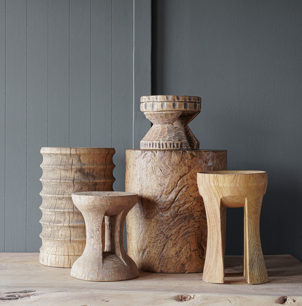 Ribbed Teak Wood Side Table