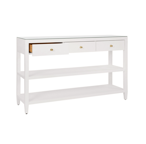Briar Textured White Linen Three Drawer Console Table