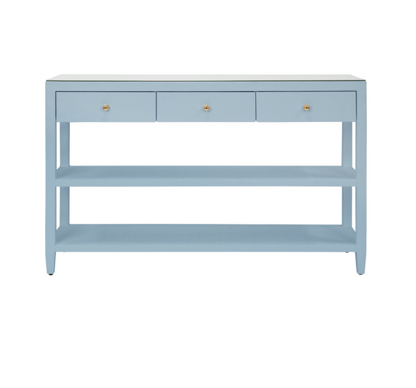Briar Three Drawer Console in Textured Light Blue Linen