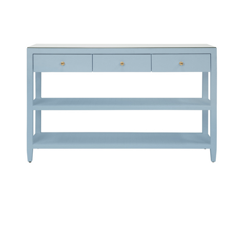 Briar Three Drawer Console in Textured Light Blue Linen