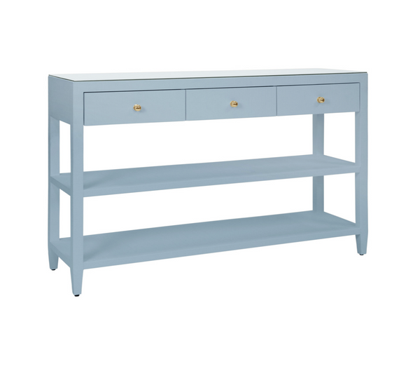 Briar Three Drawer Console in Textured Light Blue Linen