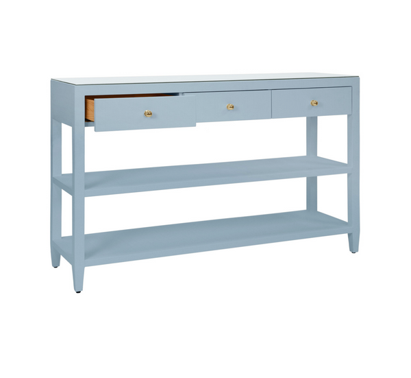 Briar Three Drawer Console in Textured Light Blue Linen