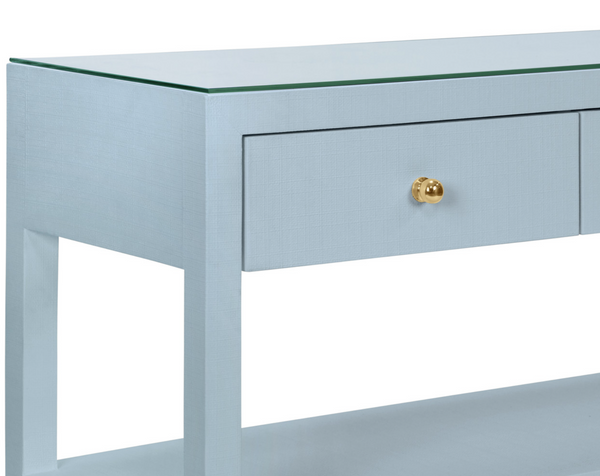 Briar Three Drawer Console in Textured Light Blue Linen