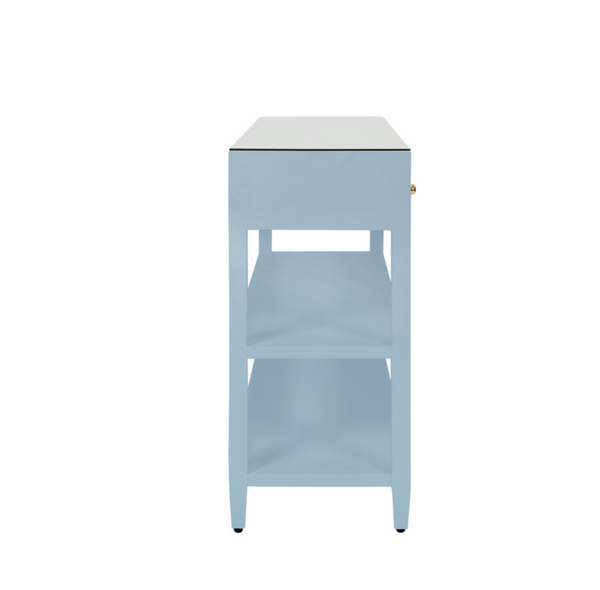 Briar Three Drawer Console in Textured Light Blue Linen