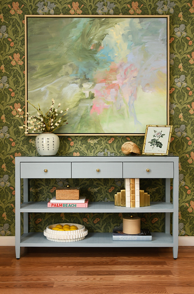Briar Three Drawer Console in Textured Light Blue Linen