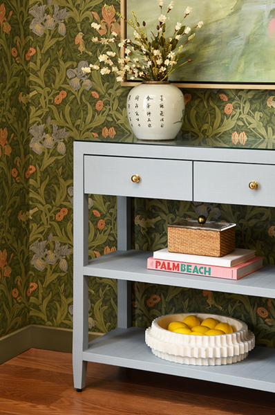 Briar Three Drawer Console in Textured Light Blue Linen