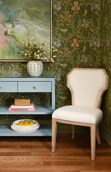 Briar Three Drawer Console in Textured Light Blue Linen