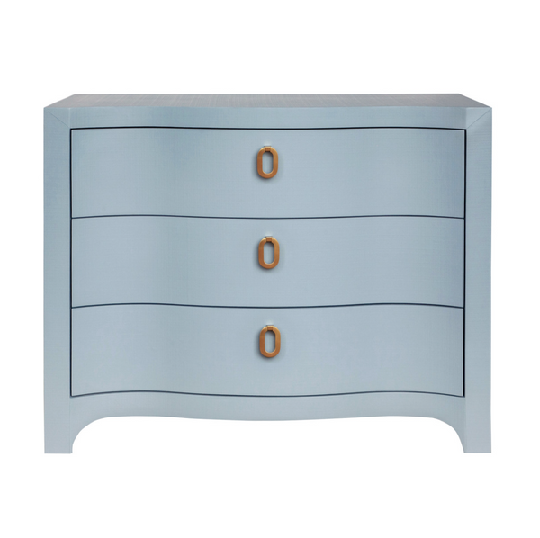 Cora Light Blue Textured Linen Three Drawer Chest with Satin Brass Drawer Pulls