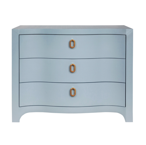 Cora Light Blue Textured Linen Three Drawer Chest with Satin Brass Drawer Pulls