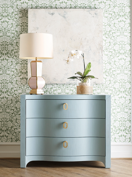 Cora Light Blue Textured Linen Three Drawer Chest with Satin Brass Drawer Pulls