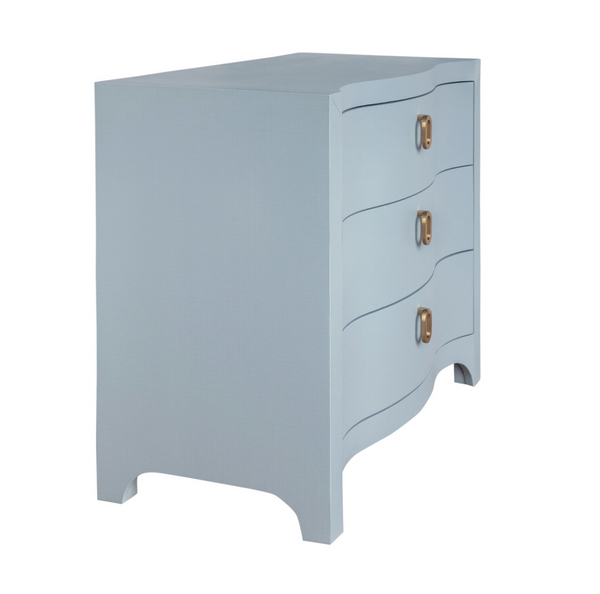 Cora Light Blue Textured Linen Three Drawer Chest with Satin Brass Drawer Pulls