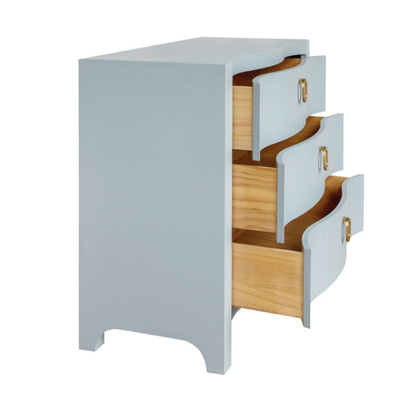 Cora Light Blue Textured Linen Three Drawer Chest with Satin Brass Drawer Pulls