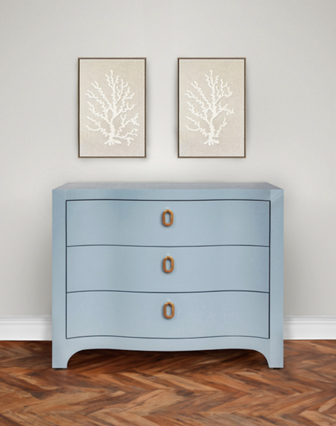 Cora Light Blue Textured Linen Three Drawer Chest with Satin Brass Drawer Pulls
