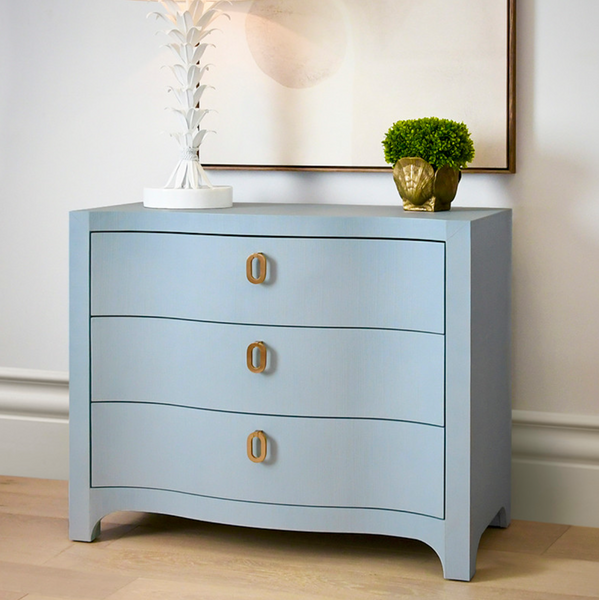 Cora Light Blue Textured Linen Three Drawer Chest with Satin Brass Drawer Pulls
