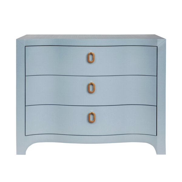 Cora Light Blue Textured Linen Three Drawer Chest with Satin Brass Drawer Pulls