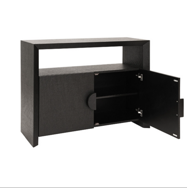 Aspen Two Door Console Table in Black Grasscloth with Black Oak Handles