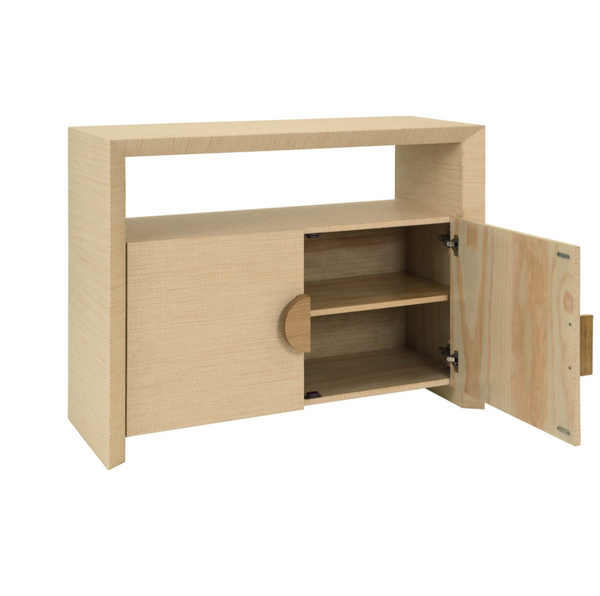 Aspen Two Door Console Table in Natural Grasscloth with Cerused Oak Handles