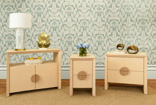 Aspen Two Door Console Table in Natural Grasscloth with Cerused Oak Handles