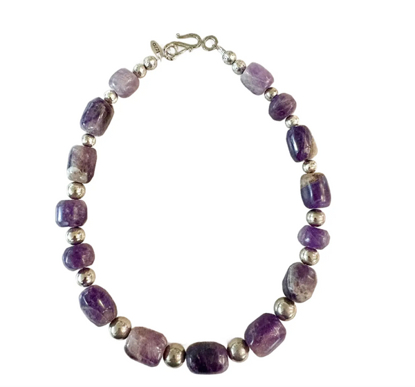 Antique Re-Strung Hand carved Pre-Columbian Amethyst Bead and Silver Spacers Necklace