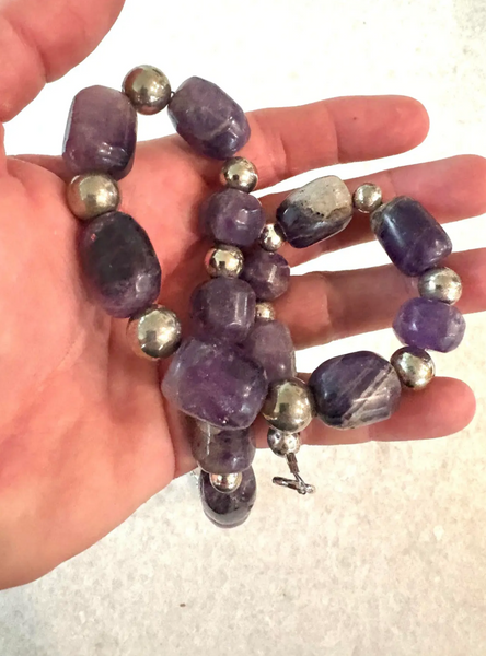 Antique Re-Strung Hand carved Pre-Columbian Amethyst Bead and Silver Spacers Necklace