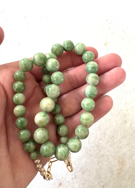 Fine Antique Green Jade Beaded Necklace with Freshwater Pearls and Goldtone Chain Link Accent