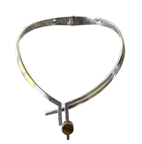 Vintage Antonio Pineda Sculptural Necklace - Sigi Taxco Sterling Silver, Tiger's Eye Onyx