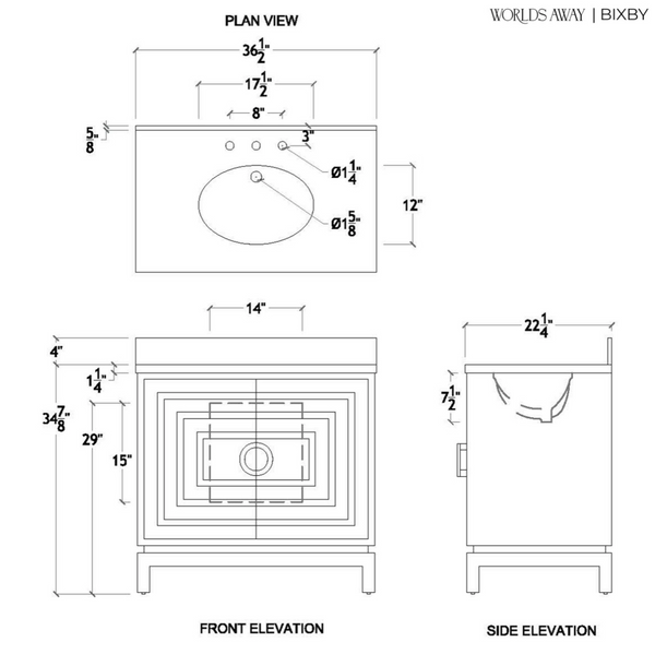 Bixby Art Deco Single Sink Bath Vanity - Cerused Oak, Matte Black, or Matte White