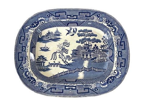 19th Century Antique English Transfer Pearlware, Blue Willow Platter/Serving Tray - Matthew Izzo Home