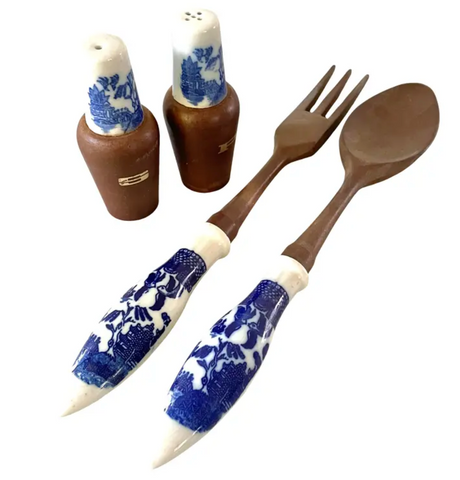 Vintage Blue Willow Serving Pieces - Salad Server, Salt and Pepper Shakers - Matthew Izzo Home